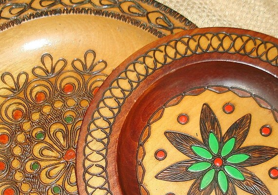 Pair Vintage Polish Plates Wood Carved Decorative by fineoldthings