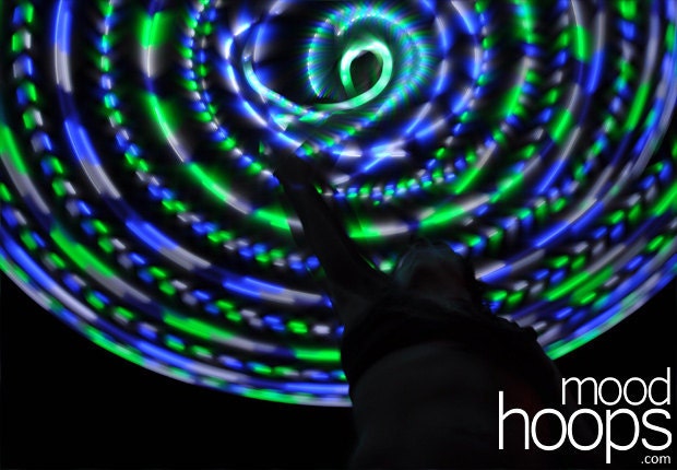 LED hula hoop - Muse 38in. - UV-white-green ribbon blue-white-green strobe, UV-white-blue ribbon, by Moodhoops