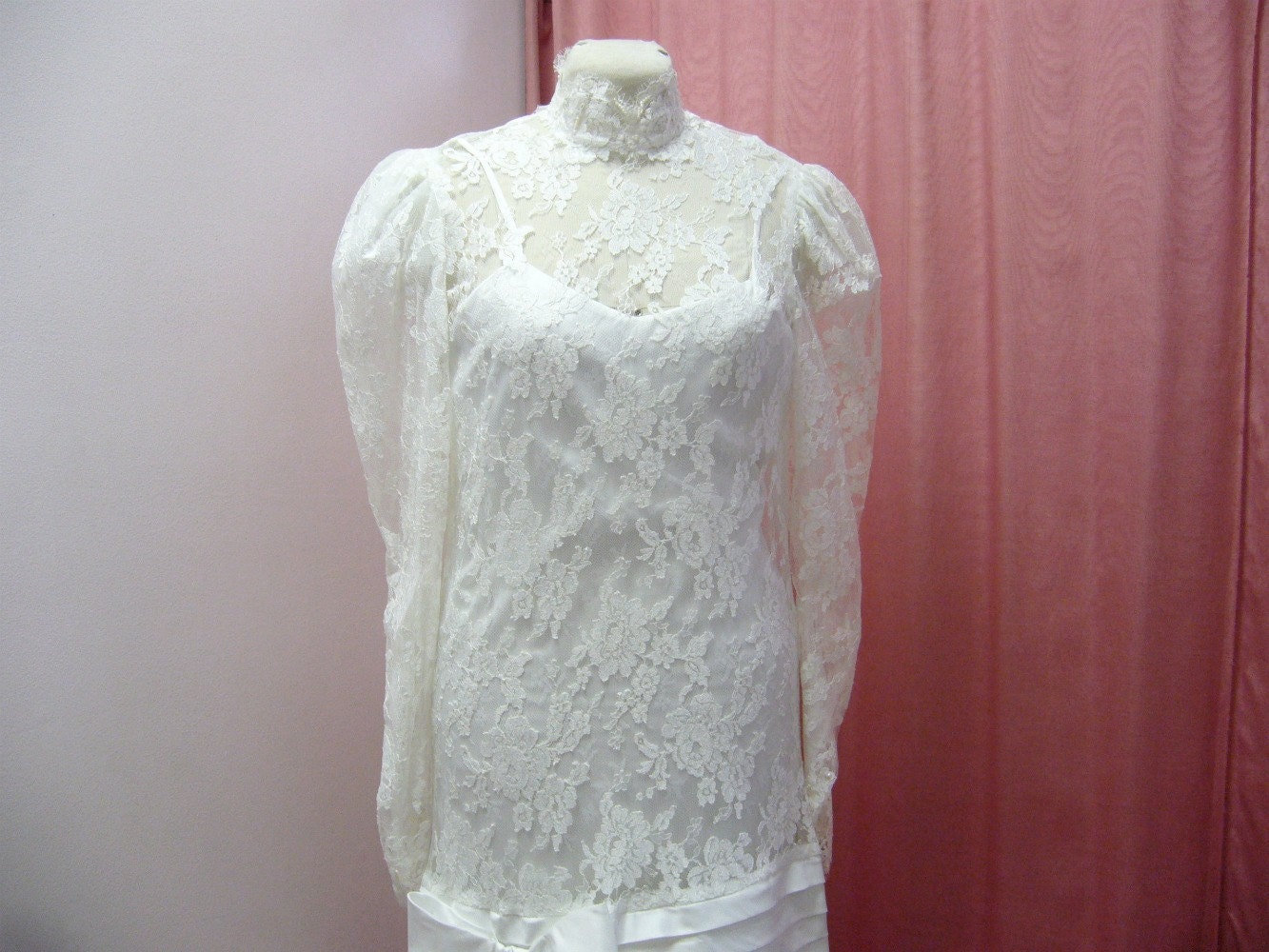 1980s White Lace Garden Flapper Edwardian Wedding Dress Size L - XL