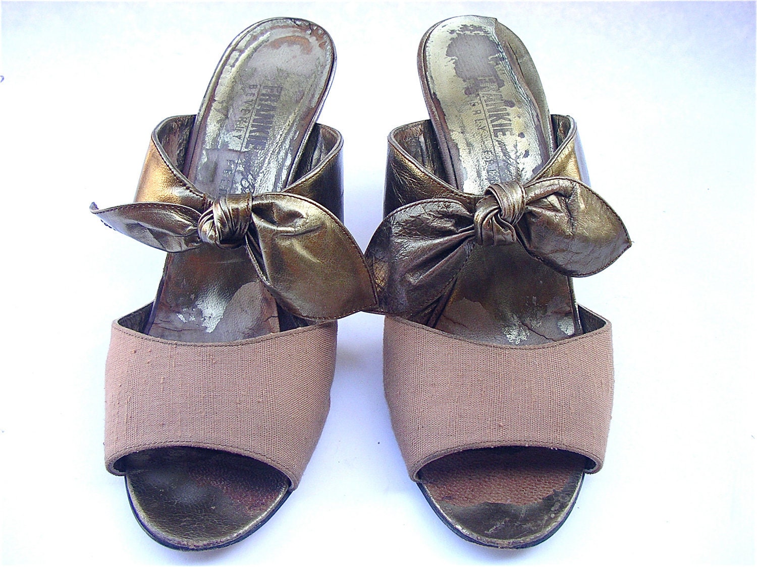 Vintage Bronze Ladies Shoes Size 7.5 Beverly Feldman Mules Metallic Leather Sandals Leather Peep Toe Shoes Brown Leather Mules Leather Slide