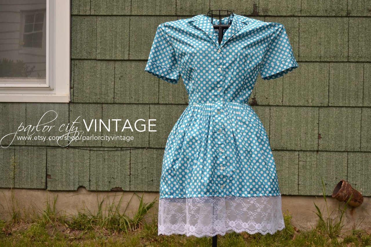 The Abbey Dress - Vintage Polka Dot Dress in Light Blue with White Lace Detailing