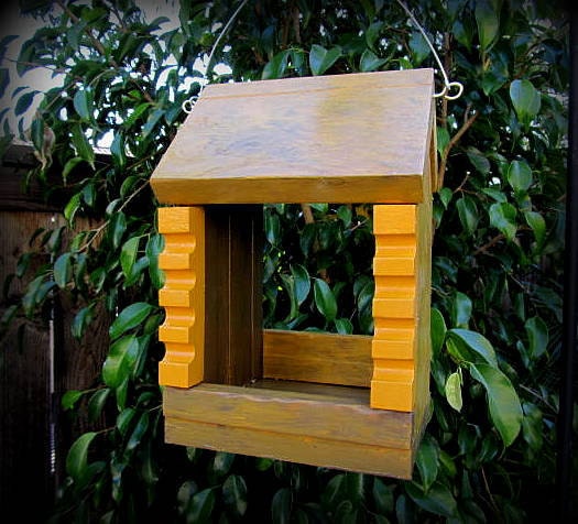 Antiqued Golden Bird Feeder - All Wooden Gold Pillared Birdfeeder