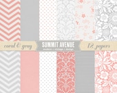 PERSONAL USE - digital scrapbook paper pack - 12 coral & gray modern designs instant download