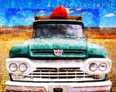Vintage Rustic Ford Truck Kayak Built Ford Tough Blue Green Gravel Road Desert Blue Sky Textured Travel Photography