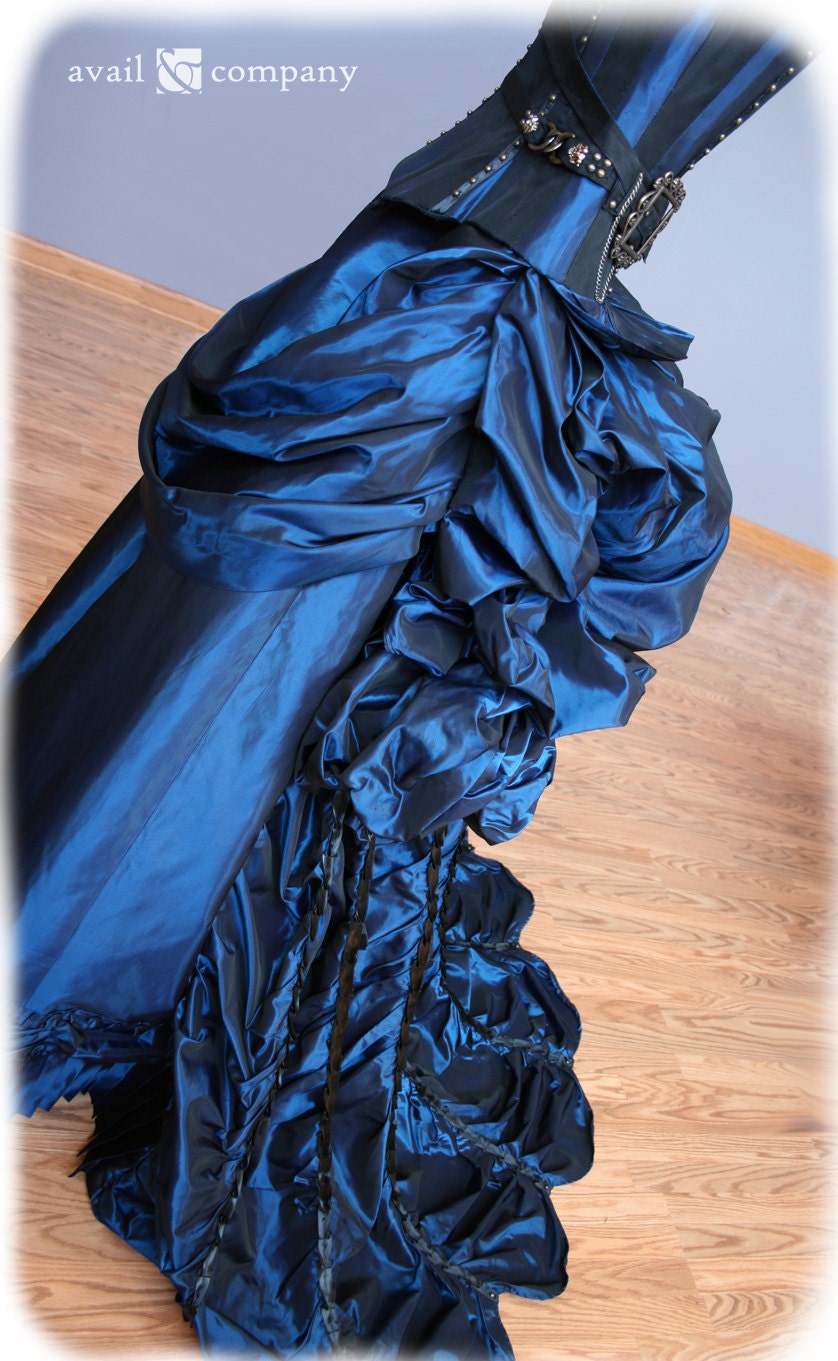Blue Steampunk Wedding Dress, Turn of the Century Inspired Bustle Dress, Custom Made to Order in your size