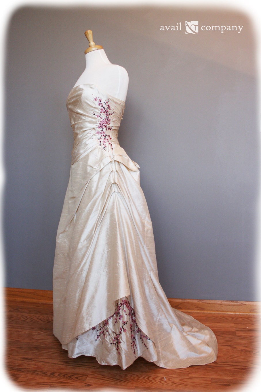 Cherry Blossom Wedding Dress Pink and Brown on Pearl Silk Duppioni, Custom Made in your size