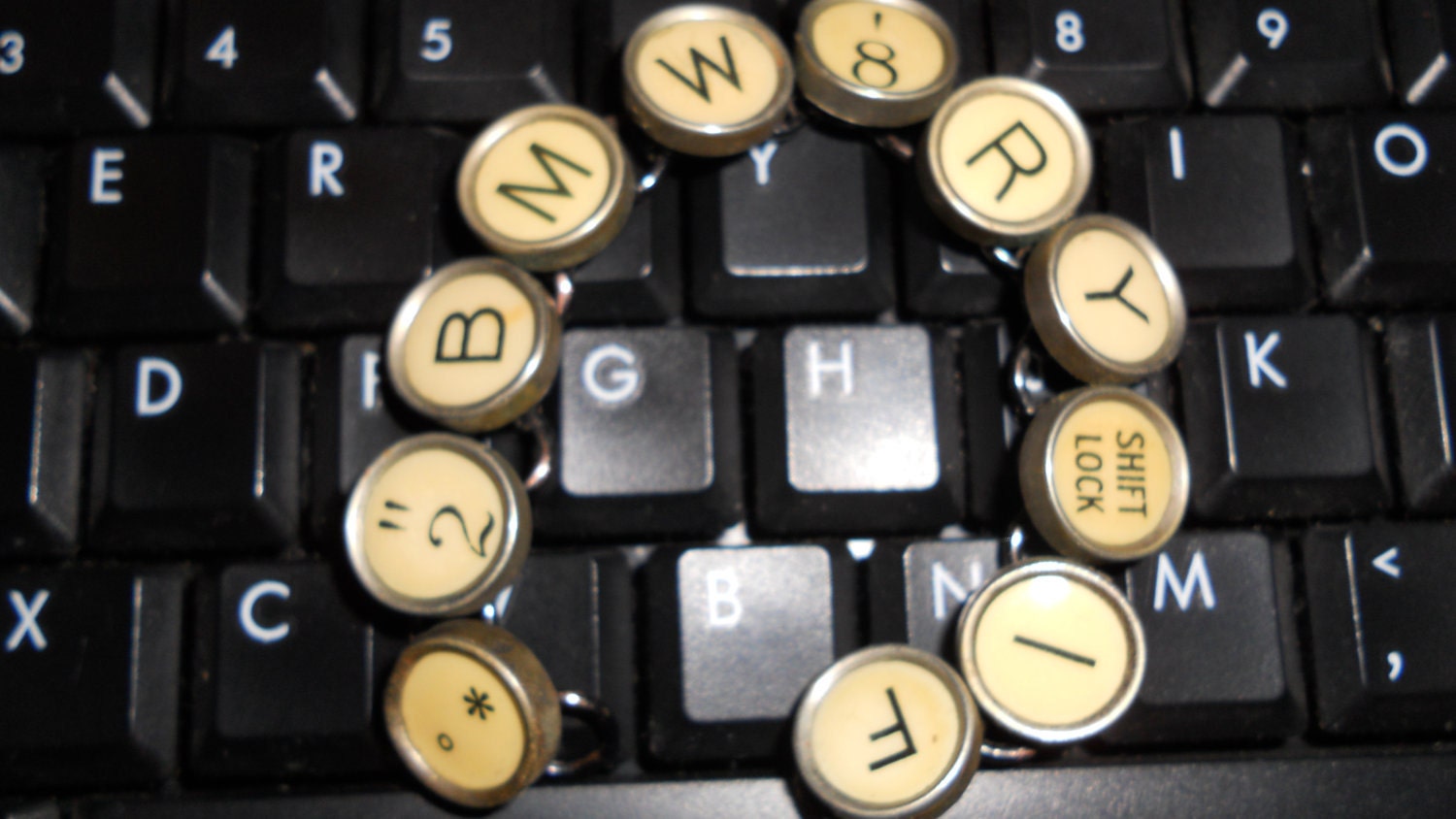 Vintage typewriter key bracelet, yellow BMW