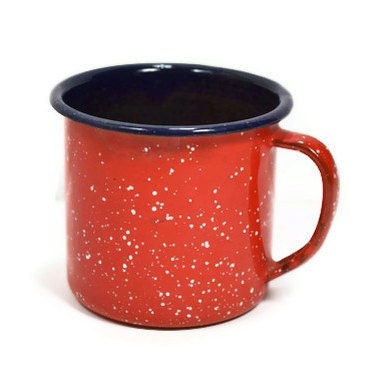 Red Enamelware Mug Spatterware Graniteware White Speckles Navy