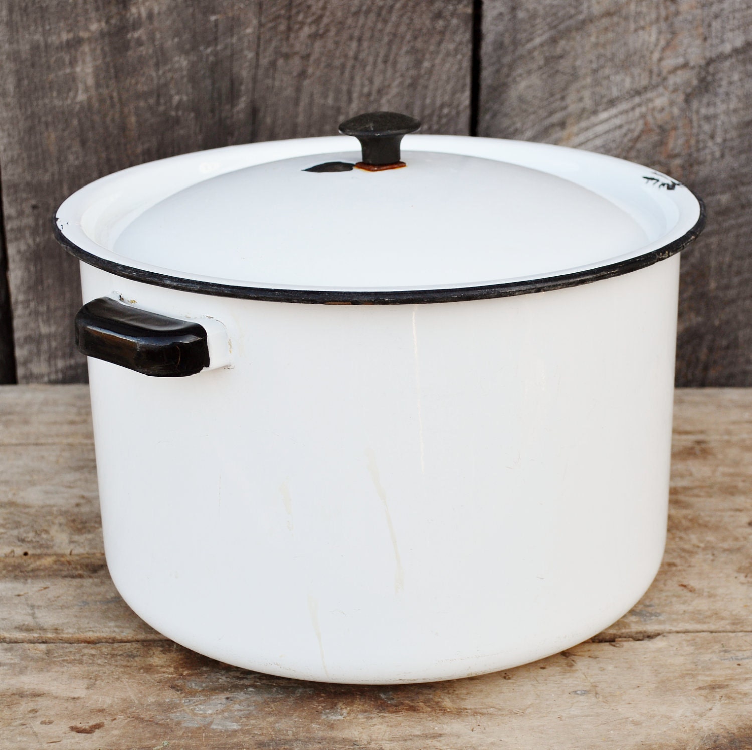 Enamelware Stock Pot Lid Vintage White Black Trim Large Soup Pot