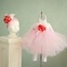 Pink tutu halter Dress w/ pink flower embellishments. Halter tie made with ribbon. Crocheted pink top. Can be made for 6mths -4T