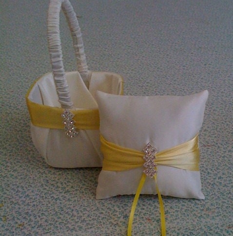 Ivory with yellow flower girl basket and pillow