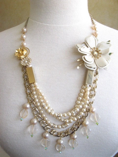 Gold,  white cream  vintage flower,  pearl  necklace --vintage wedding-bridal-OOAK-asymmetrical -statement  Swarovski
