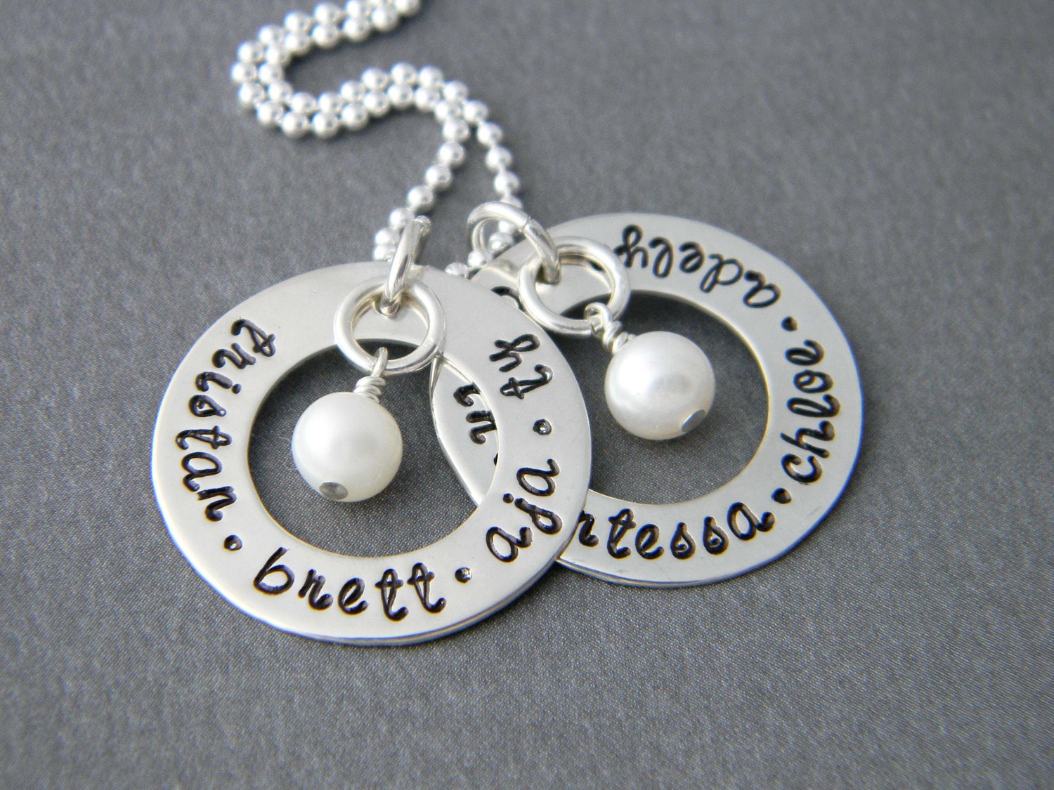 Personalized Hand Stamped Necklace Double Rings with Freshwater Pearls