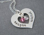 Hand Stamped Sweetheart Necklace - Swarovski Birthstone
