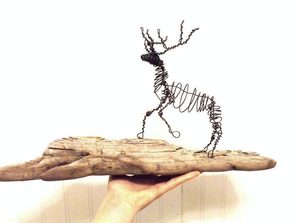 Wire Elk Sculpture on Driftwood