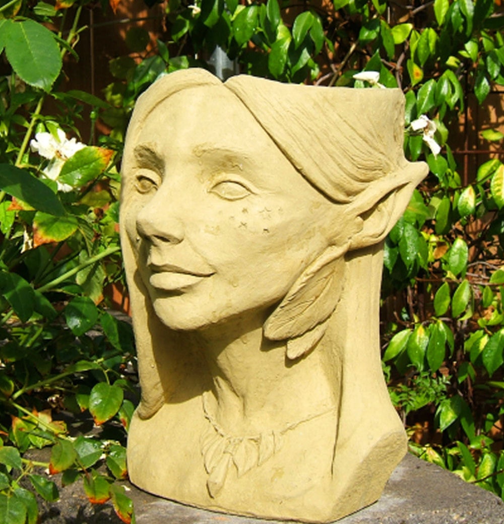 Stone FAIRY HEAD PLANTER - Hand Crafted Original Copyrighted Sculpture (o)