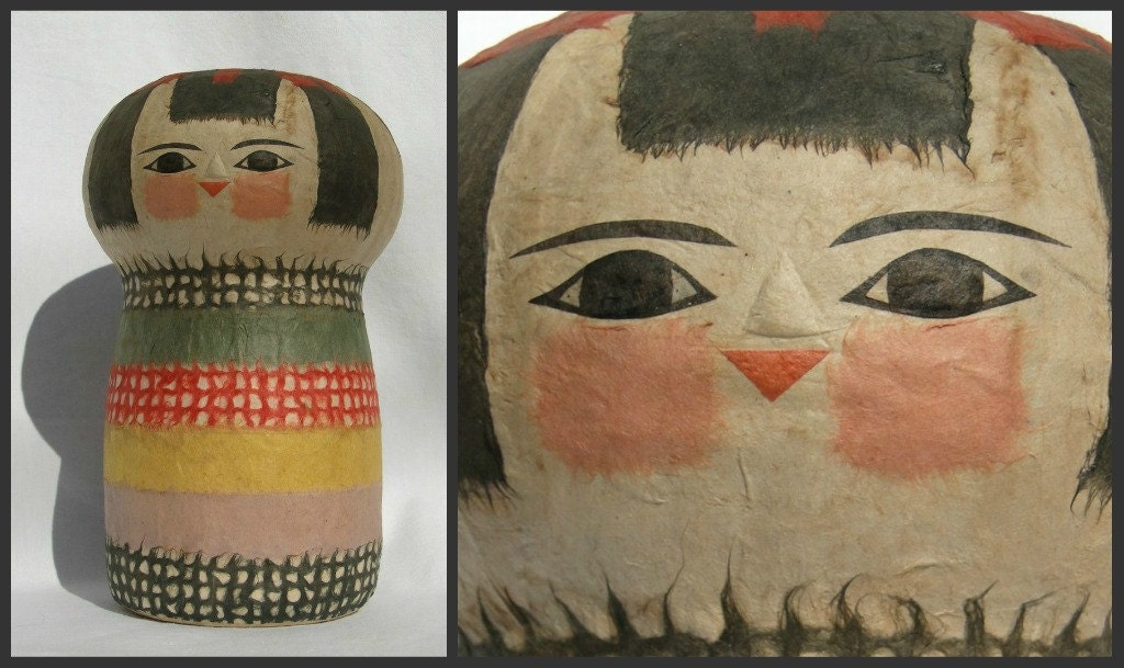 Vintage Japanese Doll. 1950s Paper Papier Mache. Kokeshi.