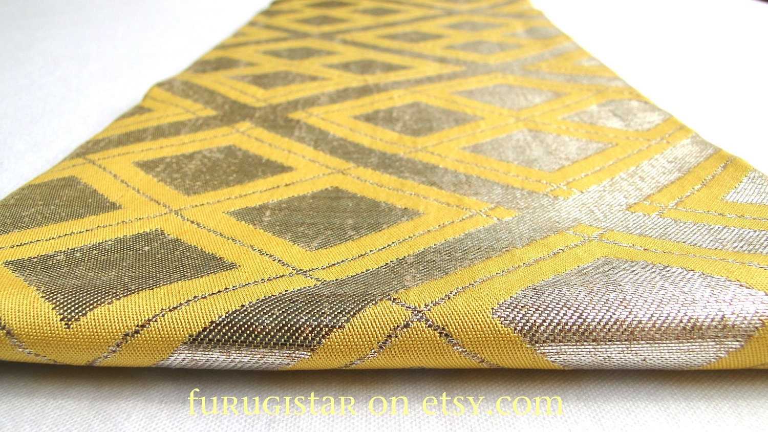 Vintage Japanese obi, Gold Thread and Yellow Silk. Fabulous Geometric Design