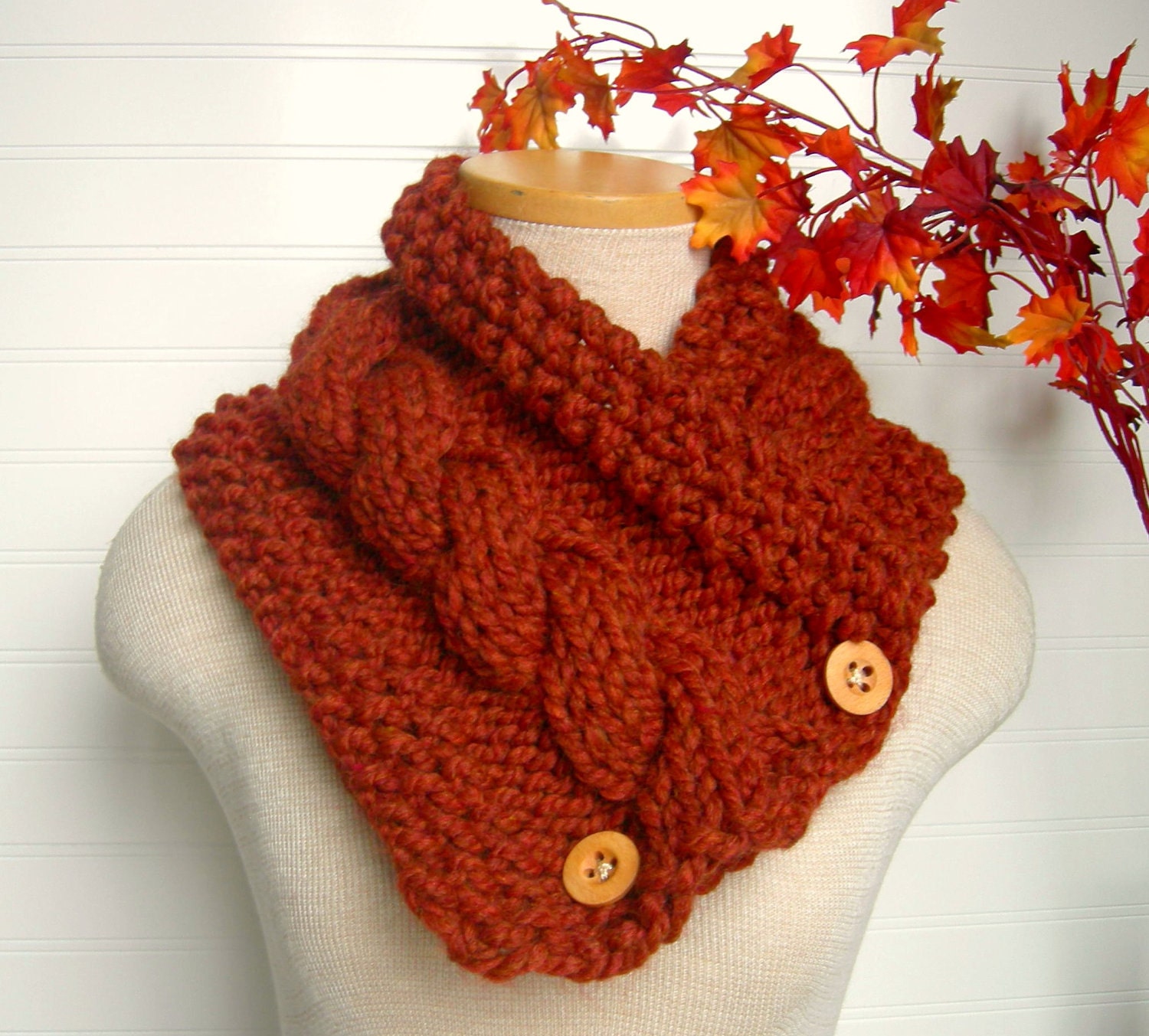 Spice Orange Chunky Knitted Scarf, Button Cowl,  Fashion Scarf