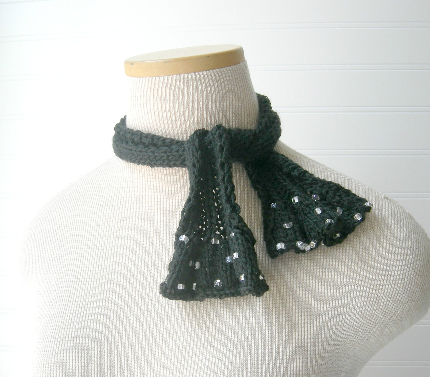 Rockabilly Scarf Tie, Black Scarf, Czech Glass Beads, Spring fashion