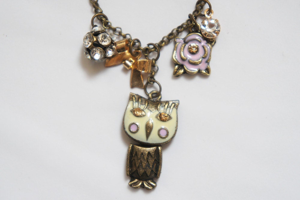 Cute Owl Rose Bow Rhinestone Ball Necklace