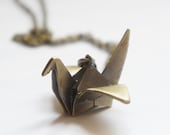 Vintage Style Antiqued Brass Origami Bird Long Necklace
