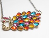 Rainbow Rhinestone Phoenix Necklace in Antiqued Brass