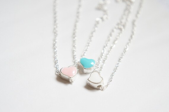 Set of 3 - Simple Tiny Heart Necklace - Baby Blue Pink White