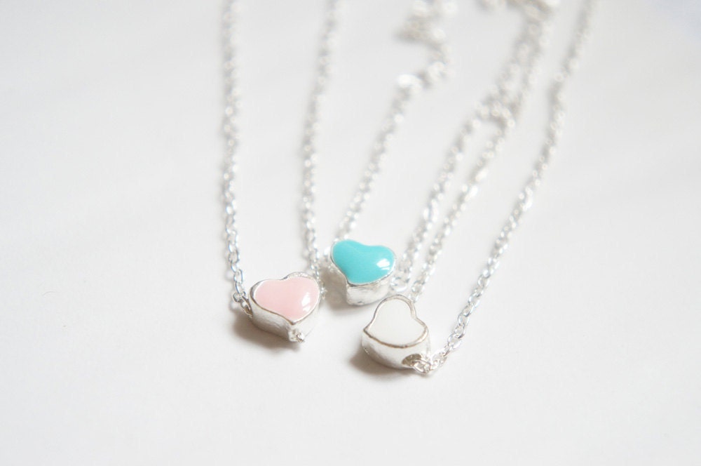 Set of 3 - Simple Tiny Heart Necklace - Baby Blue Pink White
