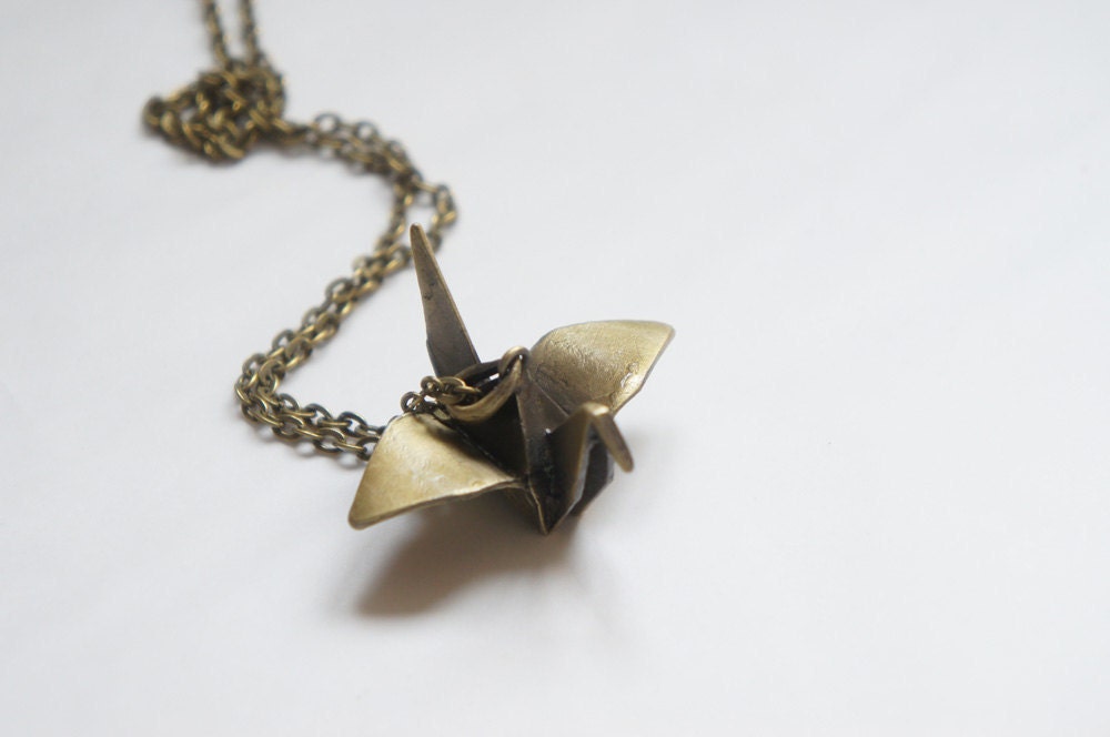Vintage Style Antiqued Brass Origami Bird Long Necklace