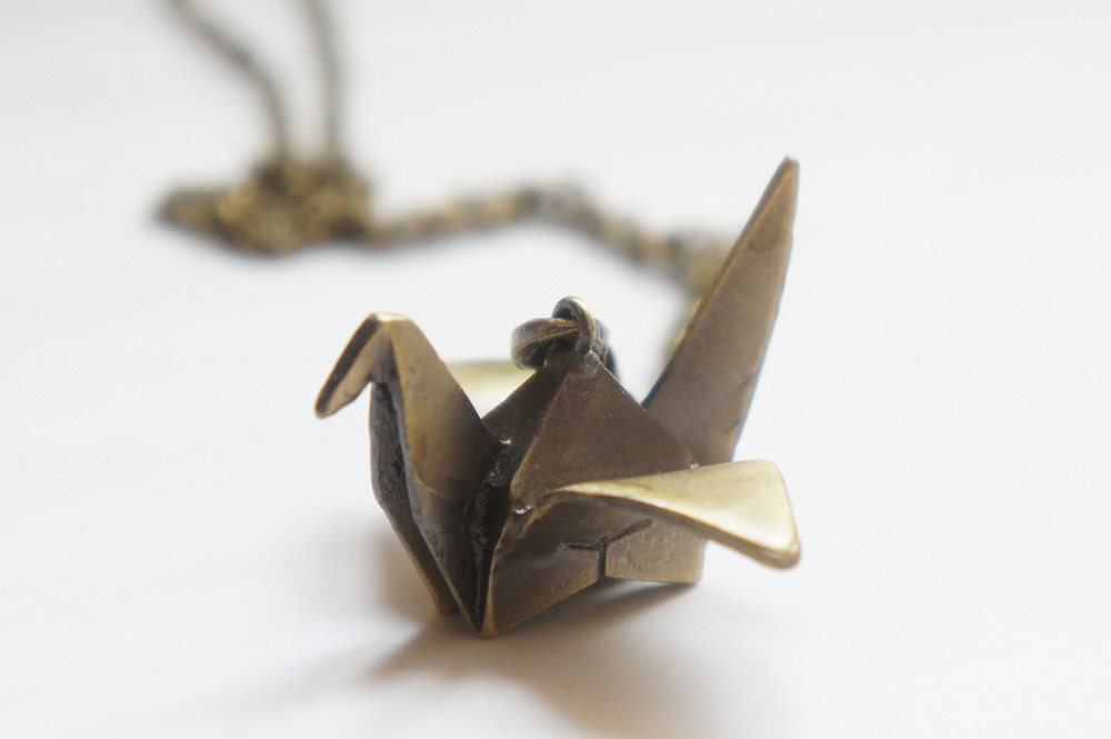 Vintage Style Antiqued Brass Origami Bird Long Necklace