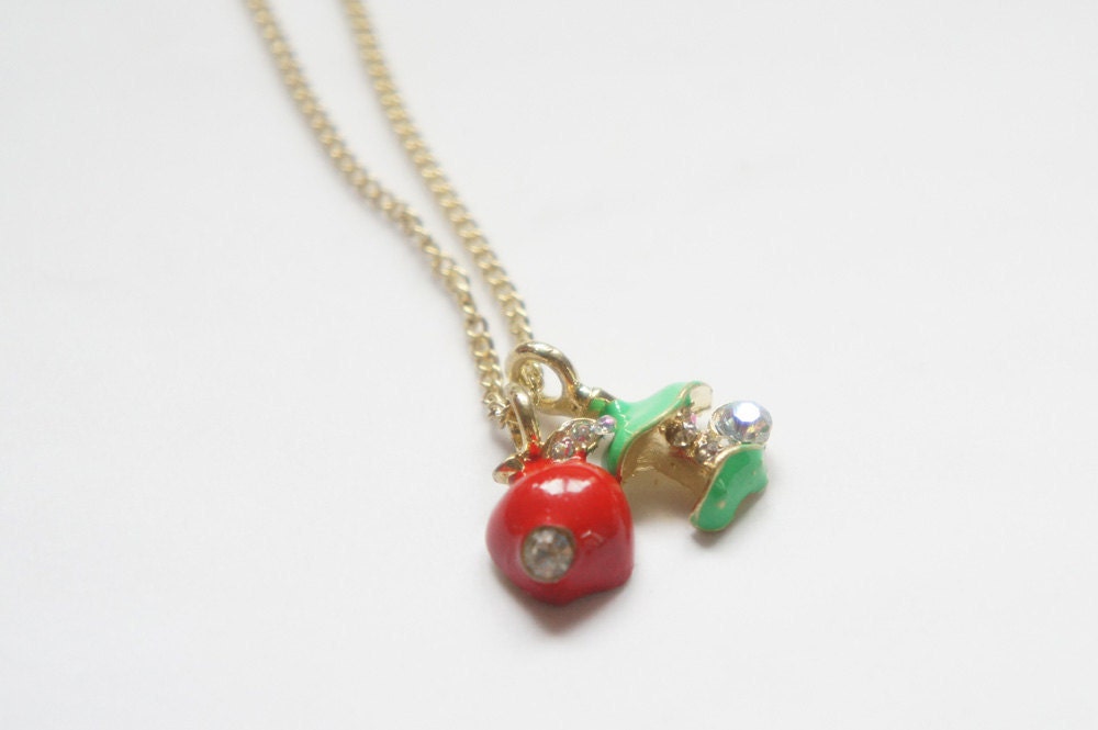 Red and Green Apple with Sparkle Rhinestone Necklace