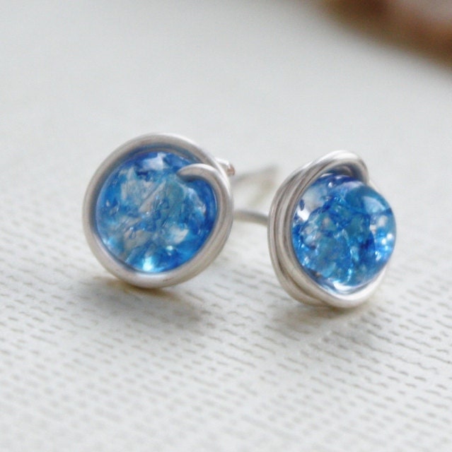 blue earrings, stud crackled glass bead wire wrapped