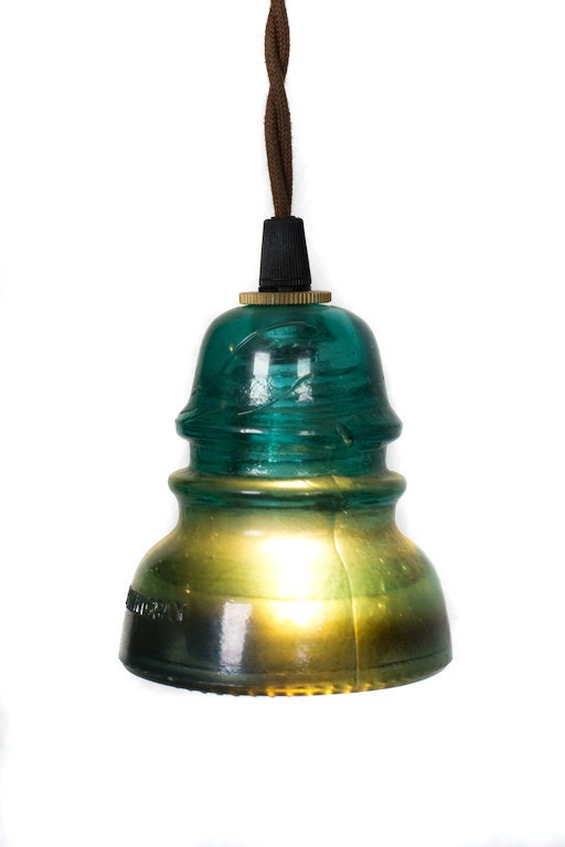Vintage Repurposed Railroad Telegraph Insulator Pendant Light ( Green )