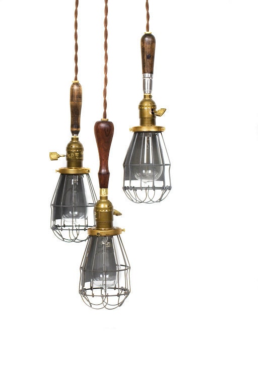 3 Light Caged Vintage Handle Trouble Light Chandelier