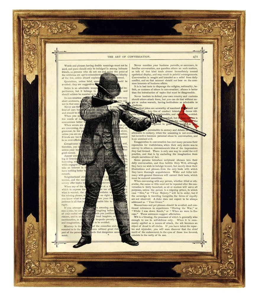 Gentleman pointing a Gun Red Bird - Vintage Victorian Book Page Art Print Steampunk