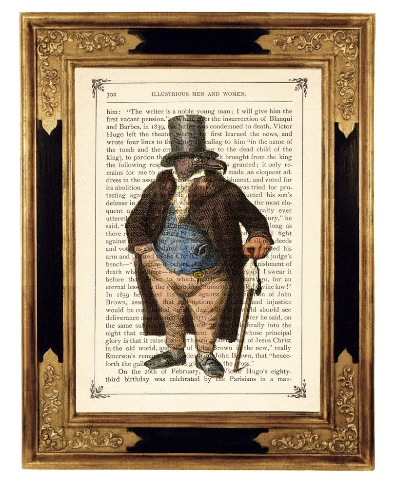Vulture Hawk Gentleman in fancy green Frock Coat Portrait  - Vintage Victorian Book Page Art Print Steampunk