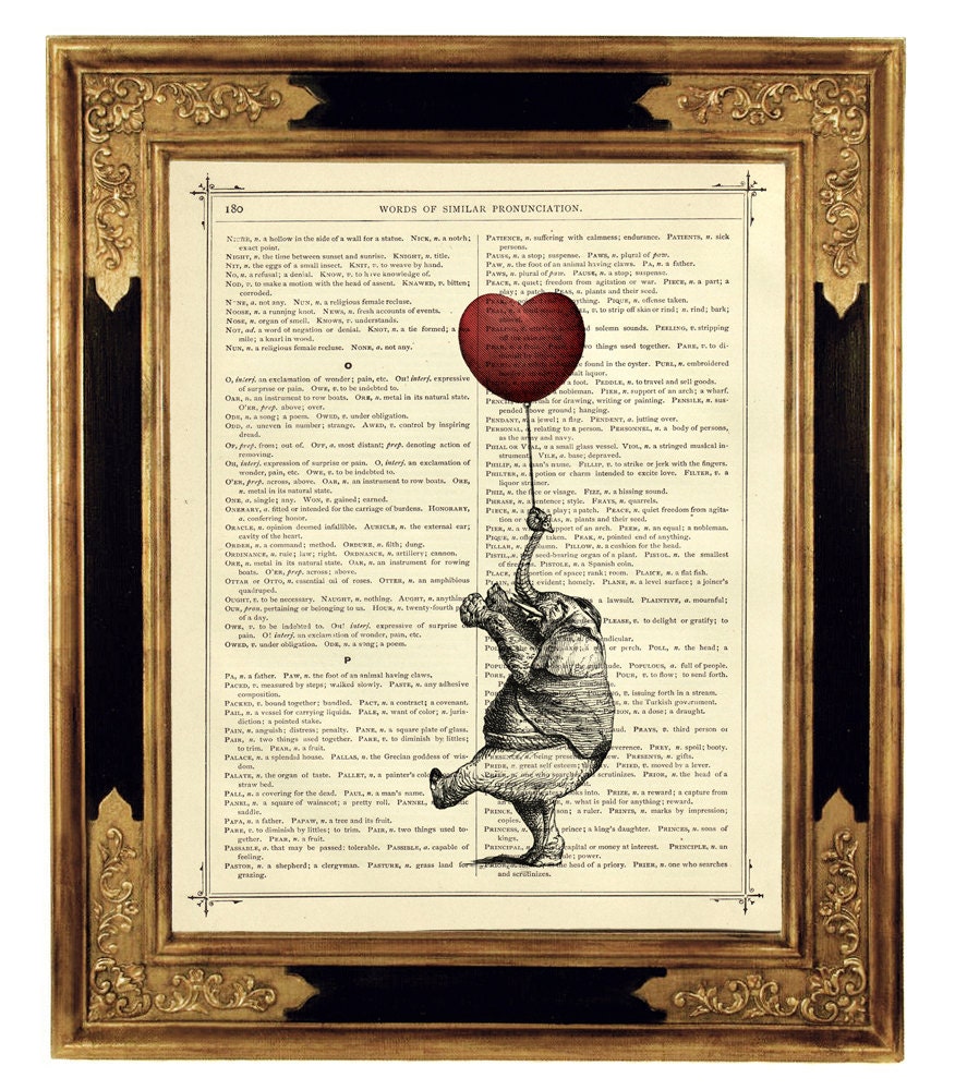 Elephant holding a red Heart Balloon Valentine's Day - Vintage Victorian Book Page Art Print Steampunk