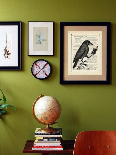 Raven Crow reading a book Animal Natural History - Vintage Victorian Book Page Art Print Steampunk