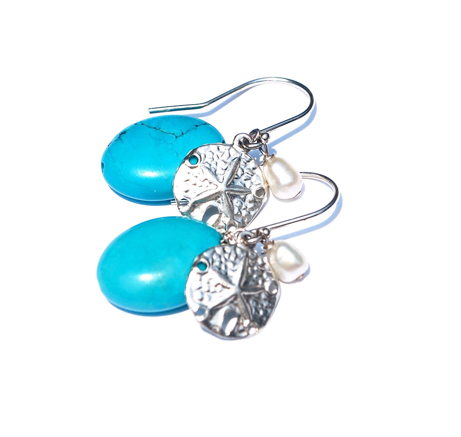 Nautical Silver Sand Dollar Earrings with Turquoise and Pearls