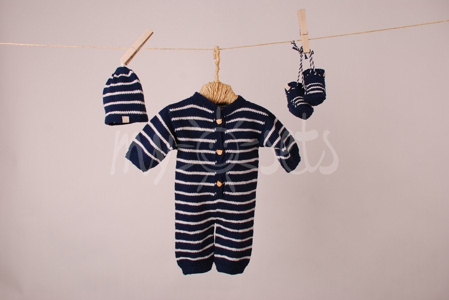 ORGANIC hand knitted baby boy set of striped overall, beanie hat and booties. Made from 100% organic cotton yarn in navy style.