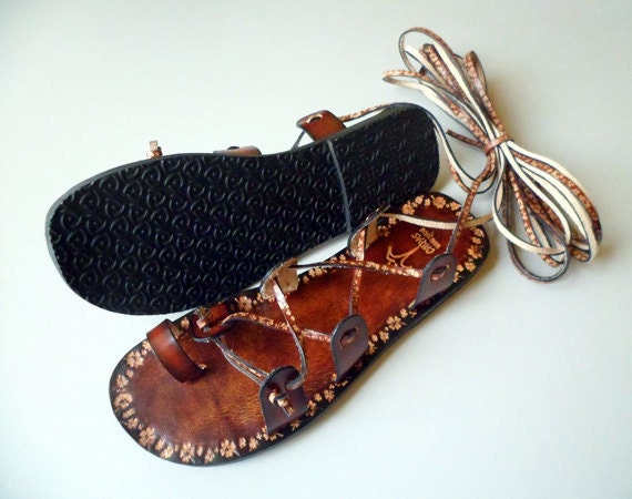 Lace Up  Flat  Sandals Greek Goddess Brown Leather With Flower Pattern Summer Sandals  - Glory