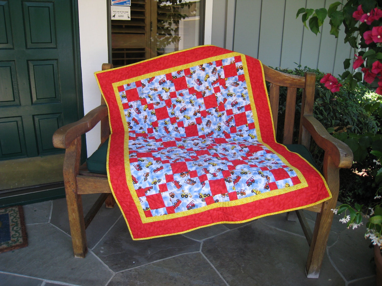 Red  & Blue Trucks Patchwork Quilt for Toddler or Little Boy 37 x 48 inches