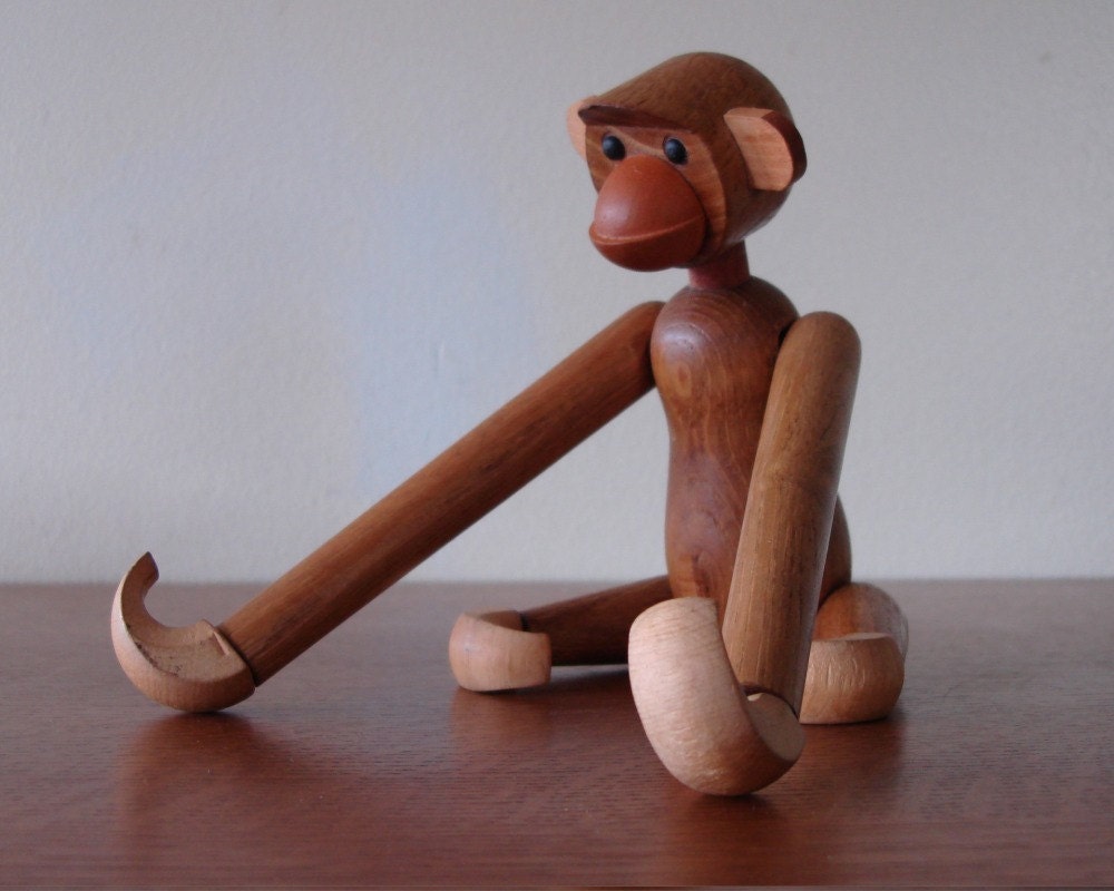 Kay Bojesen Style Monkey Danish Modern Mid Century Vintage Wooden Toy 1950s 50s