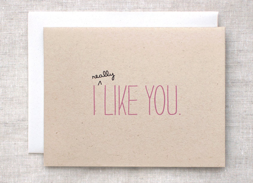 I Like You Card - Cute Valentine Card, Recycled Brown, Pink - Eco Friendly Anniversary Card