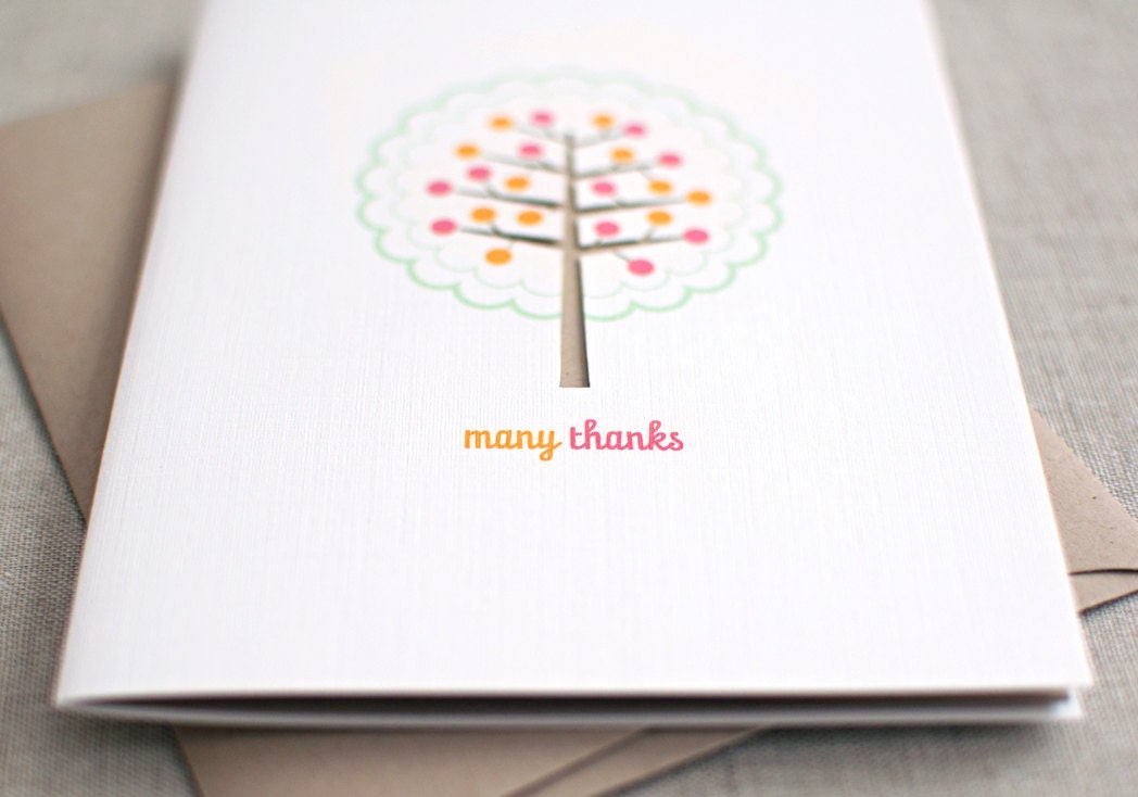 Thank You Card - Paper Cut Linen Recycled Hand Carved Tree - Green, Pink, Orange, Brown