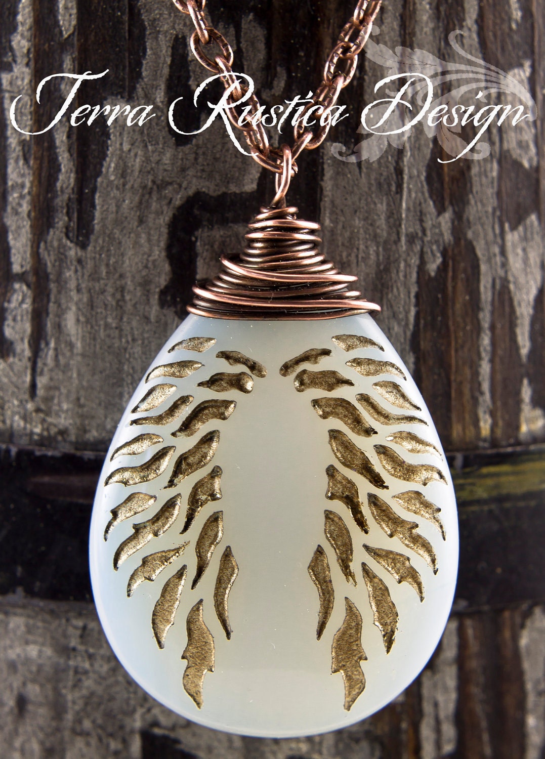 Angel wings necklace-Opalite quartz engraved glass pendant