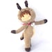 Christmas amigurumi reindeer girl plush stuffed doll cosplay crochet brown fawn OOAK Xmas gift wrapped silver jingle bell ribbon