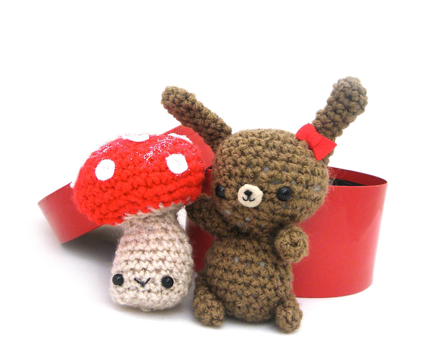 bunny mushroom toadstool glitter plush amigurumi easter basket crochet stuffed animal box gift set red white brown bow OOAK ready to ship