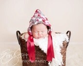 Baby Girl Pixie Bonnet Crocheted with Yarn and Ribbon--Perfect Newborn Photo Prop--Pinks, Gray and White